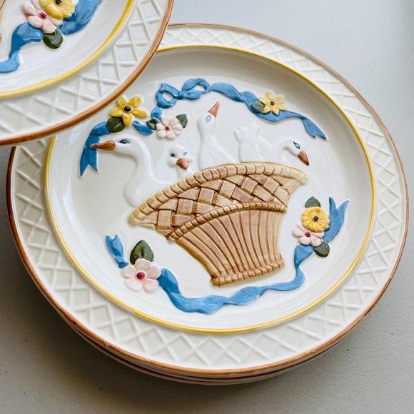 Vintage Howard Kaplan’s White Goose Blue Ribbon Embossed Ceramic Plates 9” Japan - Picture 2 of 4